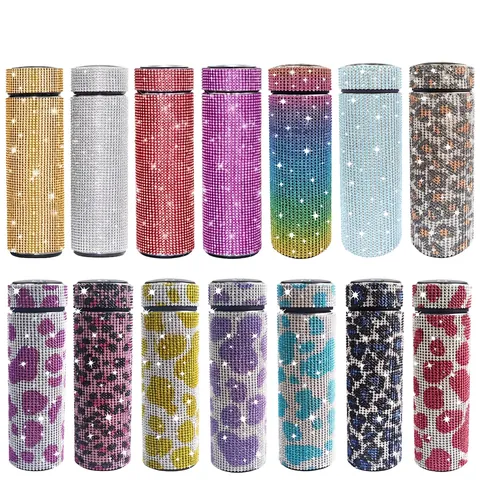 Rhinestone Insulated Vacuum Flask Stainless Steel Bling Bottle With Smart LED Temperature Display Leopard Print Luxury Travel Cup