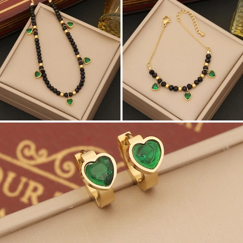 Ensemble Bijoux Coeur Vert Émeraude Acier Inoxydable Collier Bracelet Boucles Oreilles Perles Noires Facettées Pour Femmes