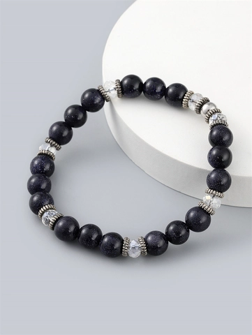 Bracciale Perline Uomo Pietra Arena Blu Perle Cristallo Vetro Distanziatori Lega Elastico Elasticizzato Gioielli Unisex
