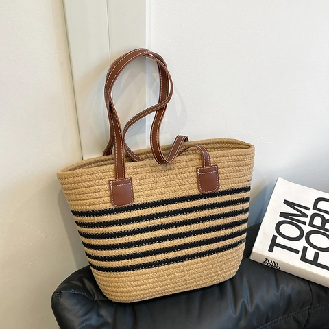 Sac Cabas Tissé En Paille À Rayures Pour Femmes Grand Sac À Main À Bandoglière Avec Lanières En Cuir PU Été Plage