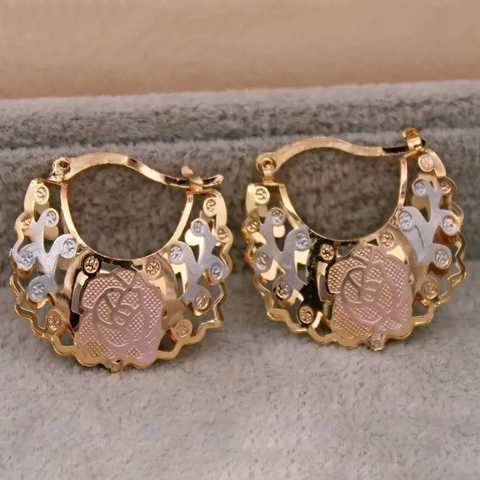 Brass Huggie Hoop Earrings Tri-Color Hollow Out Rose Flower Floral Design Elegant Jewelry For Women