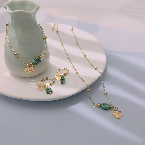 Gioielli Acciaio Inossidabile Collana Bracciale Orecchini Placcato Oro 18K Pietra Naturale Verde Cuore Retro Bohemien Donne