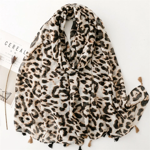 Leopardenmuster Schal Stola Polyester Leicht Mit Quasten Mode Halstuch Für Damen Sonnenschutz