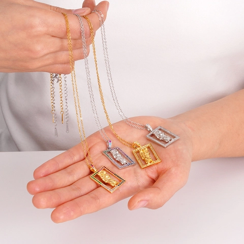 Collana Pendente San Giuda Rame Placcato Oro Rettangolare Zirconia Colorata Intarsiata Gioielli Religiosi Hip Hop Donne