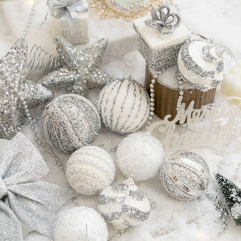 Christmas Tree Ornaments Hanging Decorations Glitter Champagne Gold Silver Balls Stars Bows For Holiday Party Home Decor