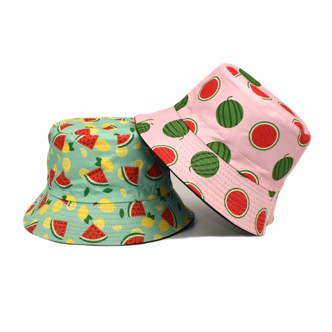 Cappello Alla Pescatora Cotone Reversibile Stampa Frutta Fragola Anguria Protezione Solare Estate Esterna Casual Unisex