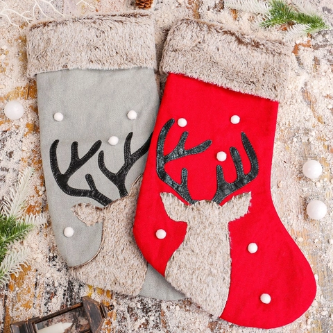 Kerstsokken Rendierkop Decoratie Stof Kunstbont Pluche Manchet Pompons Vakantie Cadeautassen Open Haard Ophangen