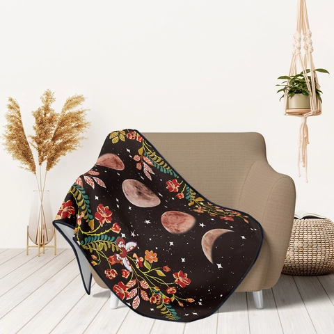 Bohemian Flannel Blanket Vintage Moon Phases Flower Pattern Fleece Sofa Throw Cozy Home Decor Lightweight Warm Bedding Blanket