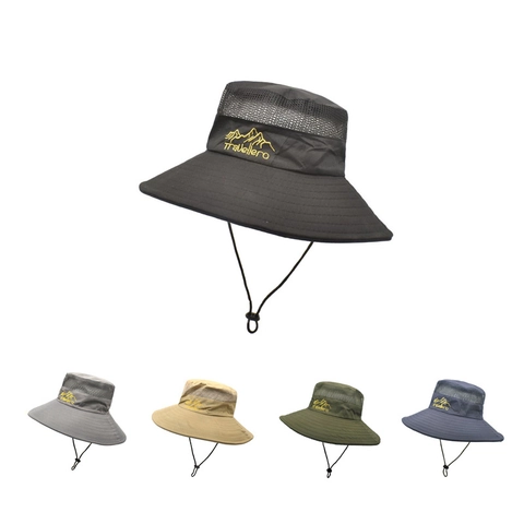 Outdoor Wide Brim Sun Hat Breathable Mesh Ventilation Polyester Men Hiking Fishing Boonie Hat Adjustable Chin Strap