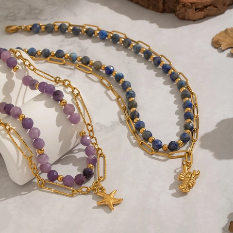 Double Layer Necklace 304 Stainless Steel Natural Stone Amethyst Lapis Lazuli Starfish Lobster Vintage Waterproof Jewelry