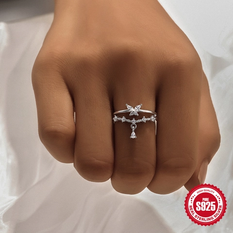 Anello Aperto Regolabile in Argento Sterling S925 da Donna Zirconia Colorata Fiore Farfalla Croce Gioielli per Dita a Doppio Strato