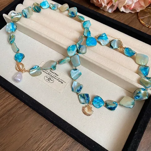 Collar De Perlas Artificiales Concha Bohemia Cuentas Azules Irregulares Colgante Concha Aleación Cierre De Palanca Estilo Vacaciones
