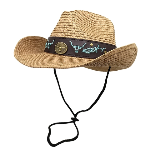 Western Cowboy Straw Hat Wide Brim Sun Protection Summer Beach Travel Vintage Bull Head Decor Band With Windproof Rope
