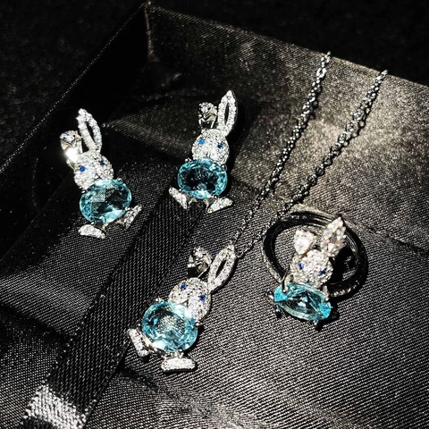 Cute Rabbit Jewelry Ring Earrings And Necklace Copper Micro Pave Zircon Blue Synthetic Topaz Animal Theme Adjustable Gift