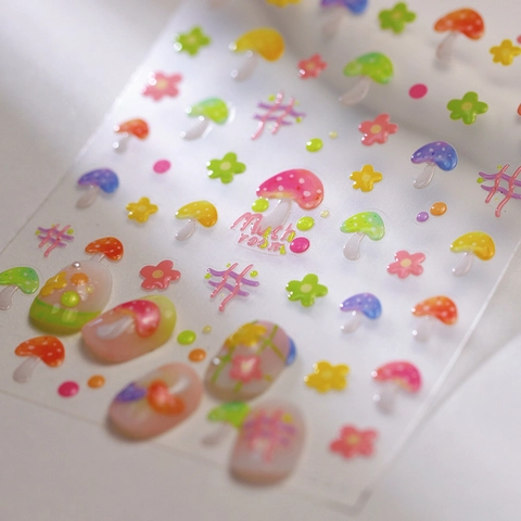 Stickers Nail Art 3D Relief Champignons Fleurs Colorées Autocollants Décoration Manucure Pour Ongles DIY