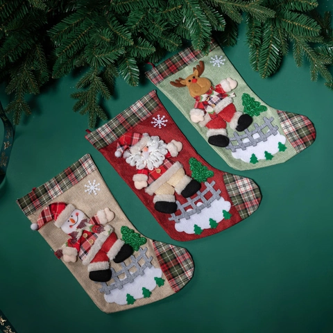 Weihnachtsstrumpf Leinen Sackleinen Großer Geschenksack Weihnachtsmann Schneemann Rentier Karo Aufhängung