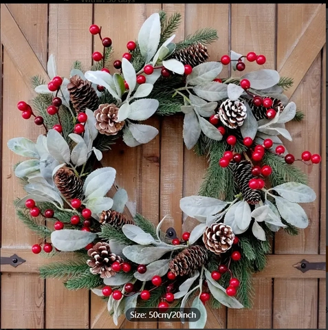 Christmas Wreath Pine Needles Lambs Ear Leaves Red Berries Natural Pine Cones Front Door Wall Festive Holiday Decoration