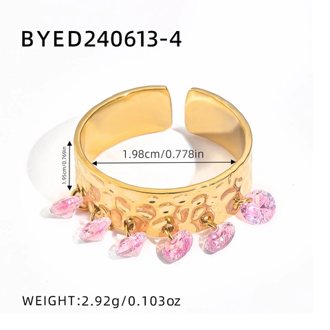 Vintage Gehämmerter Edelstahl Offener Ring Für Damen 18K Vergoldet Farbiger Strass Herz Anhänger Verstellbarer Ring Schmuck