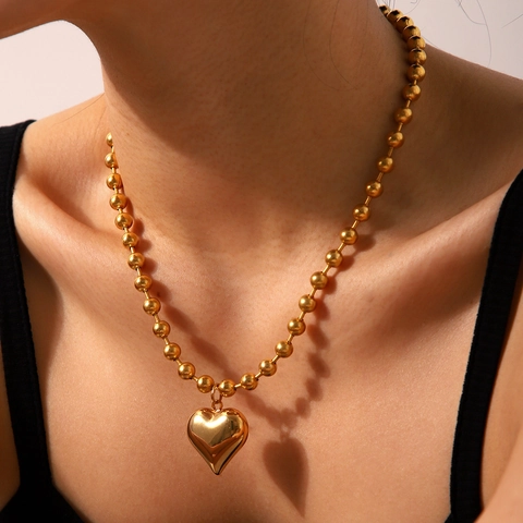 Collana Con Ciondolo A Cuore Acciaio Inossidabile Placcato Oro 18K Catena A Sfere Gioielli Trendy Per Donna