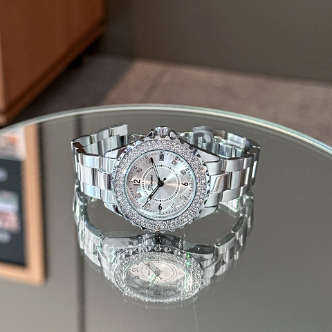 Elegant Women Quartz Watch Rhinestone Bezel Alloy Steel Band Waterproof Calendar Fashion Minimalist Ladies Commute Wristwatch