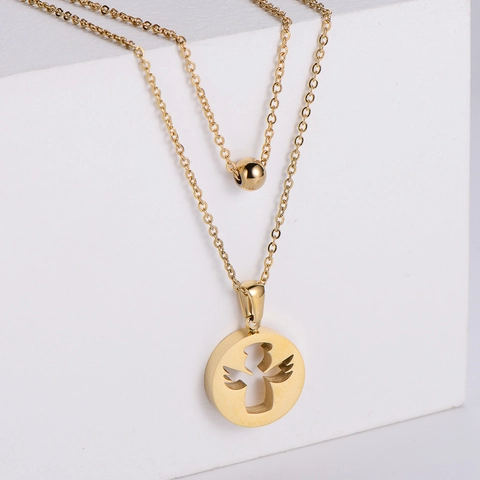 Stainless Steel Double Layer Necklace And Ball Stud Earrings Angel Cupid Cutout Round Pendant Minimalist For Women