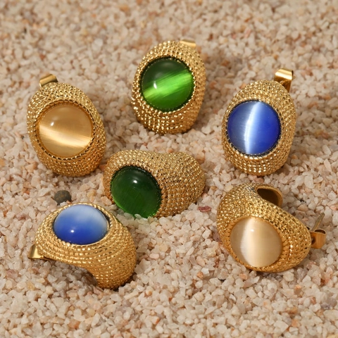 316 Edelstahl Katzenauge Stein Ohrringe Retro C-Förmig Strukturierte Metall Minimalistisch Eleganter Schmuck Für Frauen