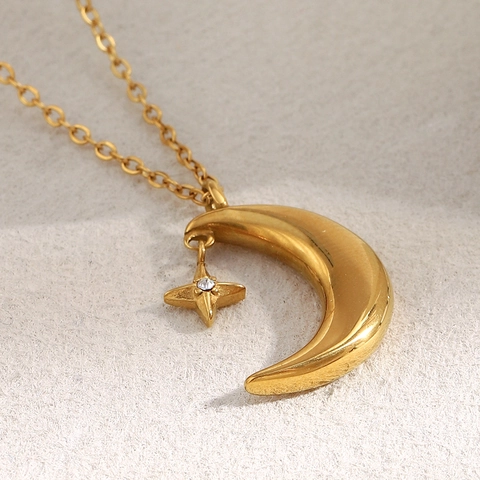 Moon Star Pendant Necklace 18K Gold Plated Stainless Steel With Zircon Delicate Fashion Jewelry For Women Gift