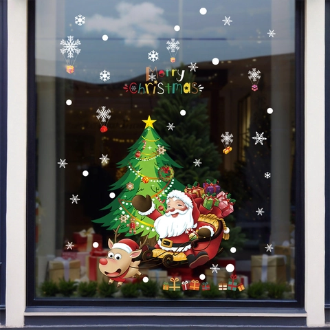Christmas Window Clings Static PVC Stickers Reindeer Santa Claus Tree Snowflakes Glass Decals Double Sided Home Decor