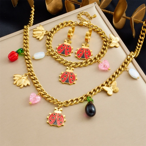 Gioielli Acciaio Inossidabile Coccinella Ape Farfalla Cuore Frutta Ciondolo Collana Orecchino Bracciale Boho Donne Ragazze Carino