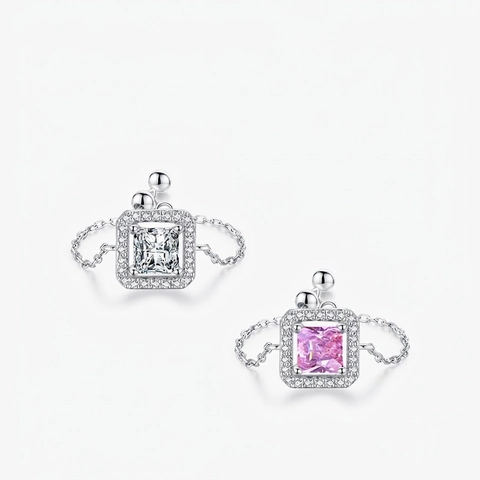Square Zircon Halo Adjustable Chain Ring 925 Sterling Silver Fashion Minimalist Jewelry For Women