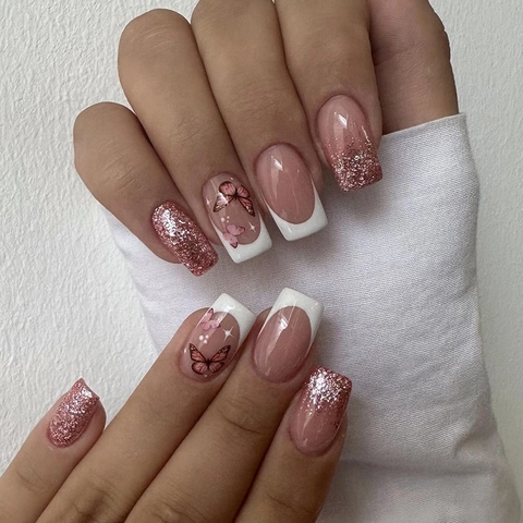 Rose Pink Glitter Gradient Press On Nails Square French Tip Butterfly Pattern Sweet Elegant For Women