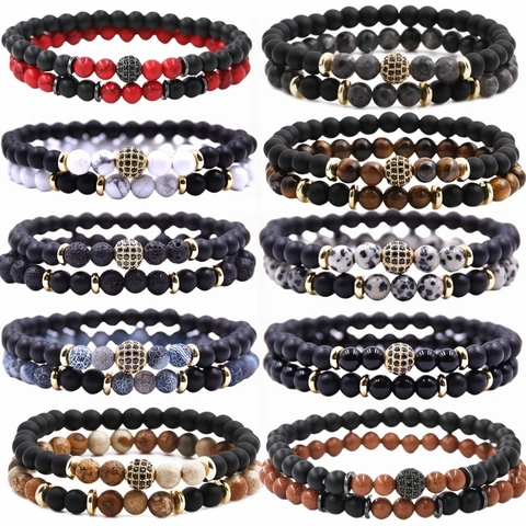 Natural Tiger Eye Beaded Distance Bracelet For Men Women Copper Micro Pave Rhinestone Ball Stretch Elastic Bracelet Jewelry