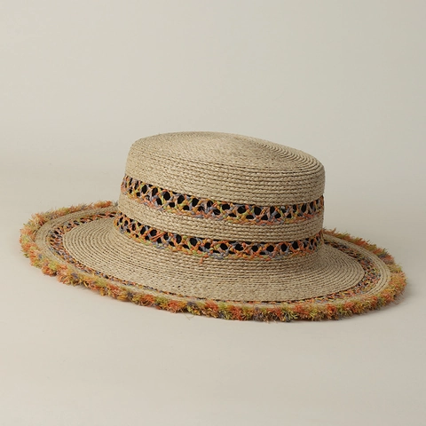 Bohemian Boater Hat Raffia Straw Wide Brim Colorful Frayed Edge Hollow Out Sun Hat For Women Summer Beach