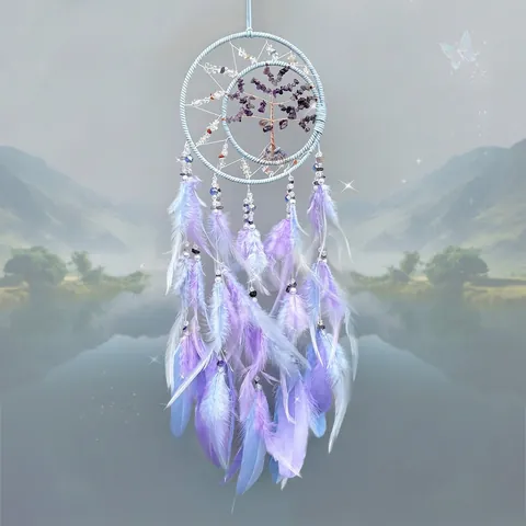Dream Catcher Tree Of Life Handwoven Crystal Stone Feather Hanging Decoration Wall Art Bohemian Nordic Style Ornament
