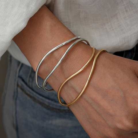 Brazalete Abierto De Doble Capa Con Ondas Minimalistas Aleación Líneas Geométricas Irregulares Pulsera Ajustable Para Mujer