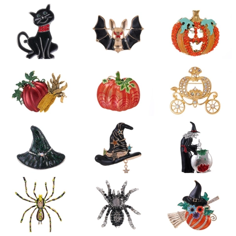Halloween Brooch Pin Zinc Alloy Enamel Rhinestone Black Cat Bat Pumpkin Witch Hat Spider Accessories Festive Jewelry Gift