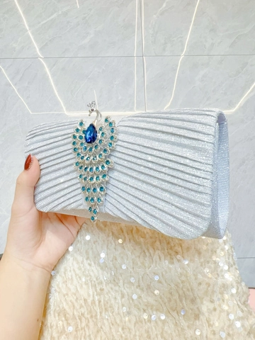 Women Pleated Evening Clutch Bag Peacock Rhinestone Crystal Sparkly Handbag For Banquet Wedding Party With Chain Strap