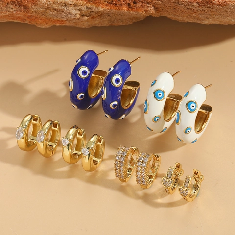 Copper Hoop Earrings Zircon Heart Evil Eye Enamel Gold Plated Retro Fashion Jewelry For Women