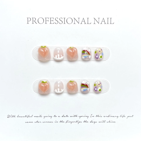 Sweet Kids Press On Nails Handmade 3D Peach Rainbow Cloud Patterns Short Full Cover Artificial Nails For Girls