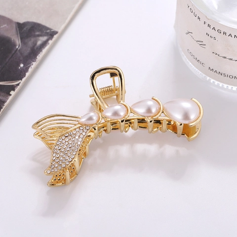 Mermaid Tail Hair Claw Clip Metal Alloy Rhinestone Imitation Artificial Pearl Gold Finish Elegant Hair Accessories For Women Girls