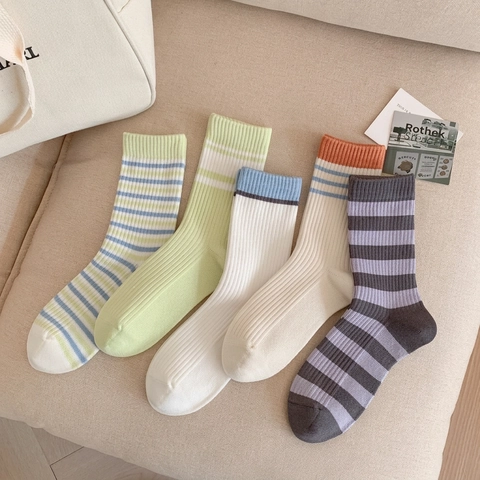 Women Mid Calf Socks Combed Cotton Striped Pattern Breathable Sweat Absorbent Ribbed Cuffs Korean Ins Style Casual