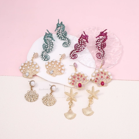 Ocean Seahorse Starfish Shell Dangle Earrings Alloy Imitation Artificial Pearl Rhinestone Summer Beach Jewelry Bohemian Style Women