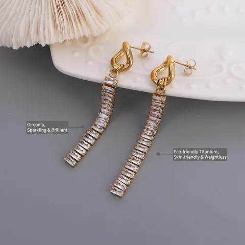 Long Drop Earrings Titanium Steel 18K Gold Plated Baguette Zircon Tassel French Style Elegant Jewelry For Women