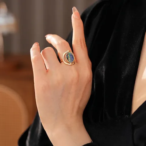 Vintage Oval Abalone Shell Open Ring For Women Copper Gold Plated Adjustable Spinner Jewelry Accessory