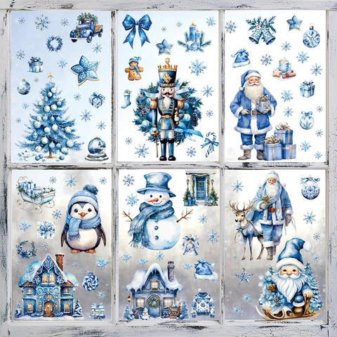 9 Blatt Weihnachten Fensteraufkleber Aquarell Blau Weihnachtsmann Schneemann Rentier Schneeflocke PVC Statische Glasdeko