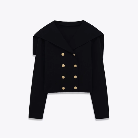 Cardigan Tricoté Col Marin Pour Femmes Double Boutonnage Boutons Dorés Veste Courte Manches Longues Noir Pull Élégant