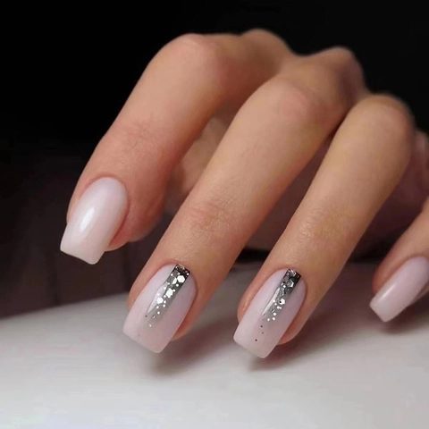 Gradient Pink Nude Glossy Press On Nails With Silver Glitter Stripe Elegant Long Square False Nails For Women Ins Style