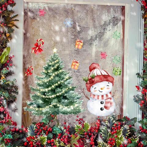 Christmas Window Stickers PVC Static Clings Snowman Santa Reindeer Animal Cartoon For Glass Decoration Home Holiday