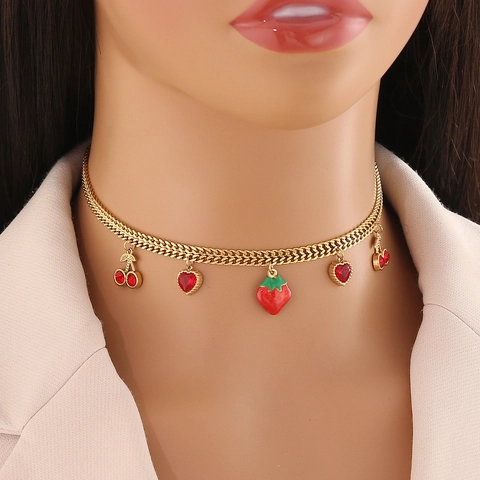 Collar De Acero Inoxidable Para Mujer Chapado En Oro Vidrio Colorido Corazón Fruta Flor Océano Concha Colgante Choker Joyería