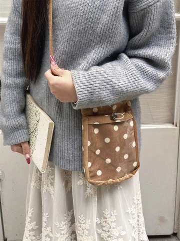 Sac Bandoulière En Velours Côtelé À Pois Pour Téléphone Avec Fenêtre PVC Transparente Doublure En Toile Petit Sac Femme